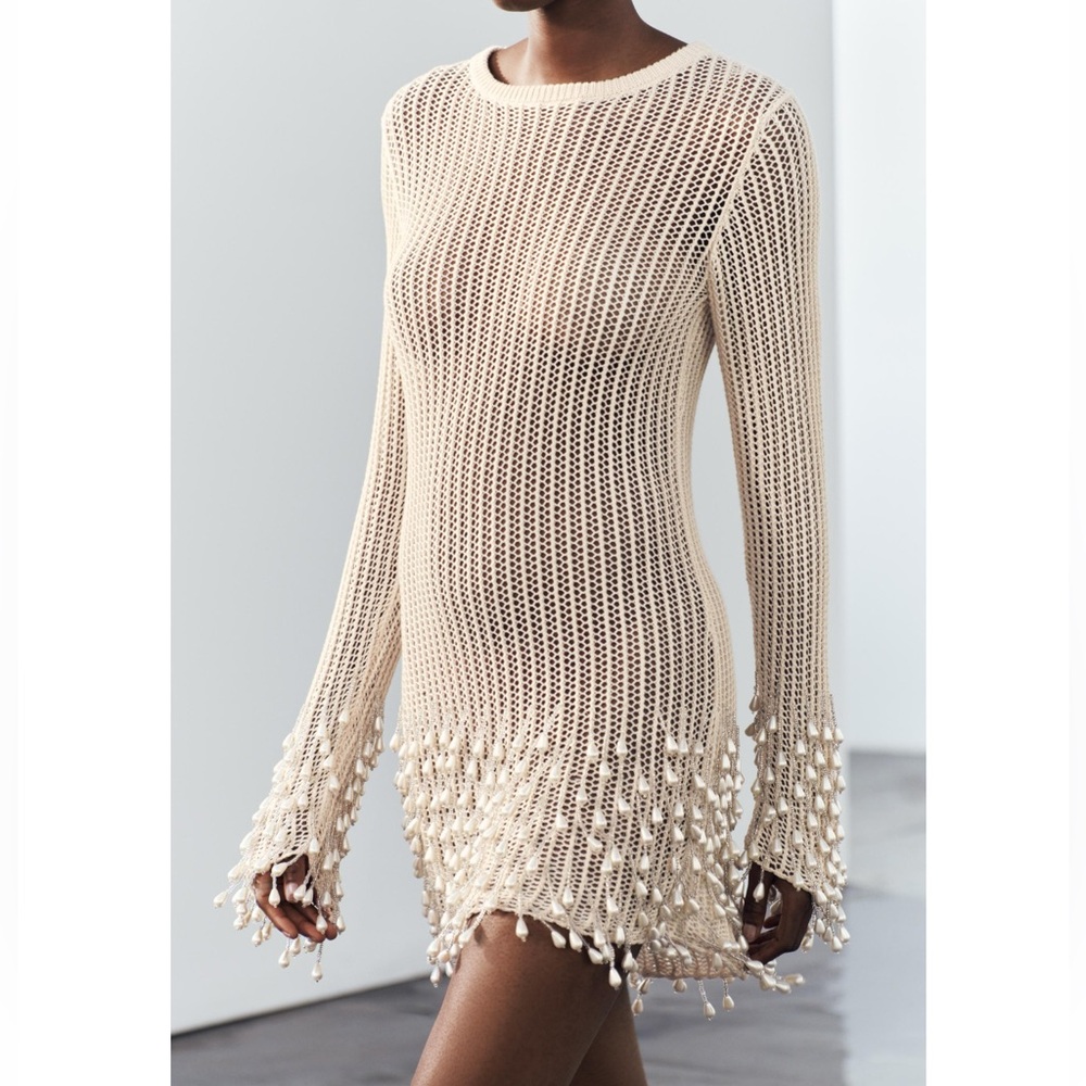 aje rushes raffia knit midi dress Dress-IVORY / XXS high neck wedding dress Emerald Green Mother Of Size:US 7-7.5 / EU 38